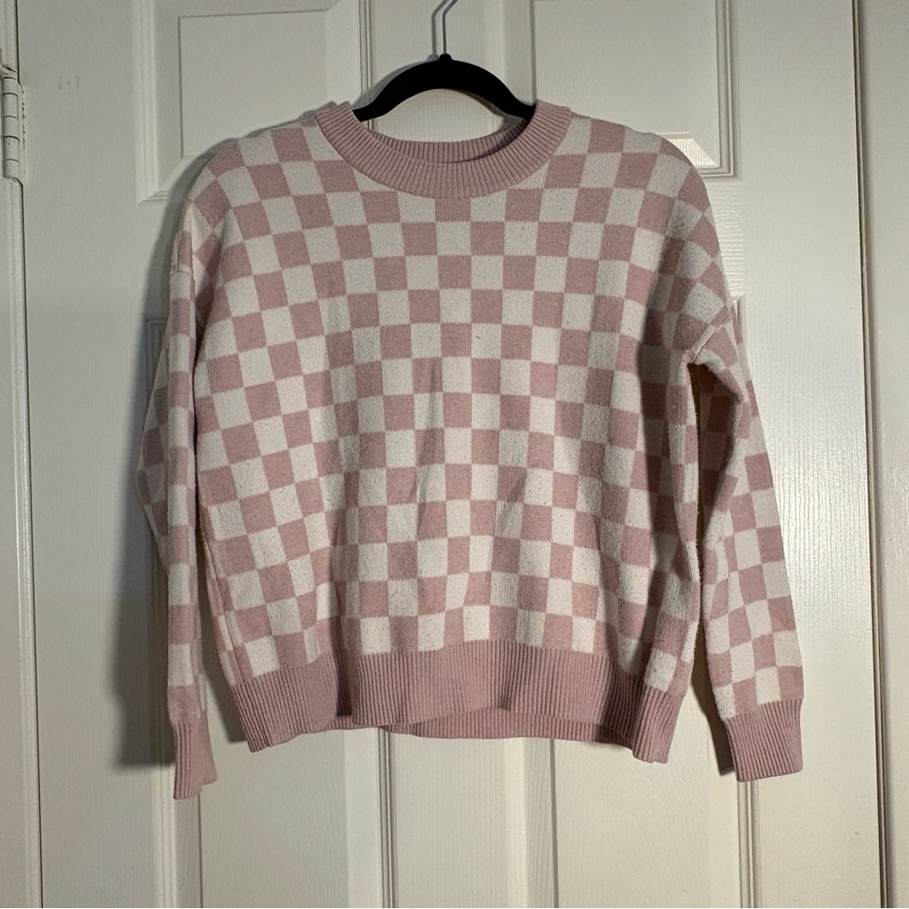 Tahari Pink Checkered Sweater | Cozy Knit Pullover | Women’s XS